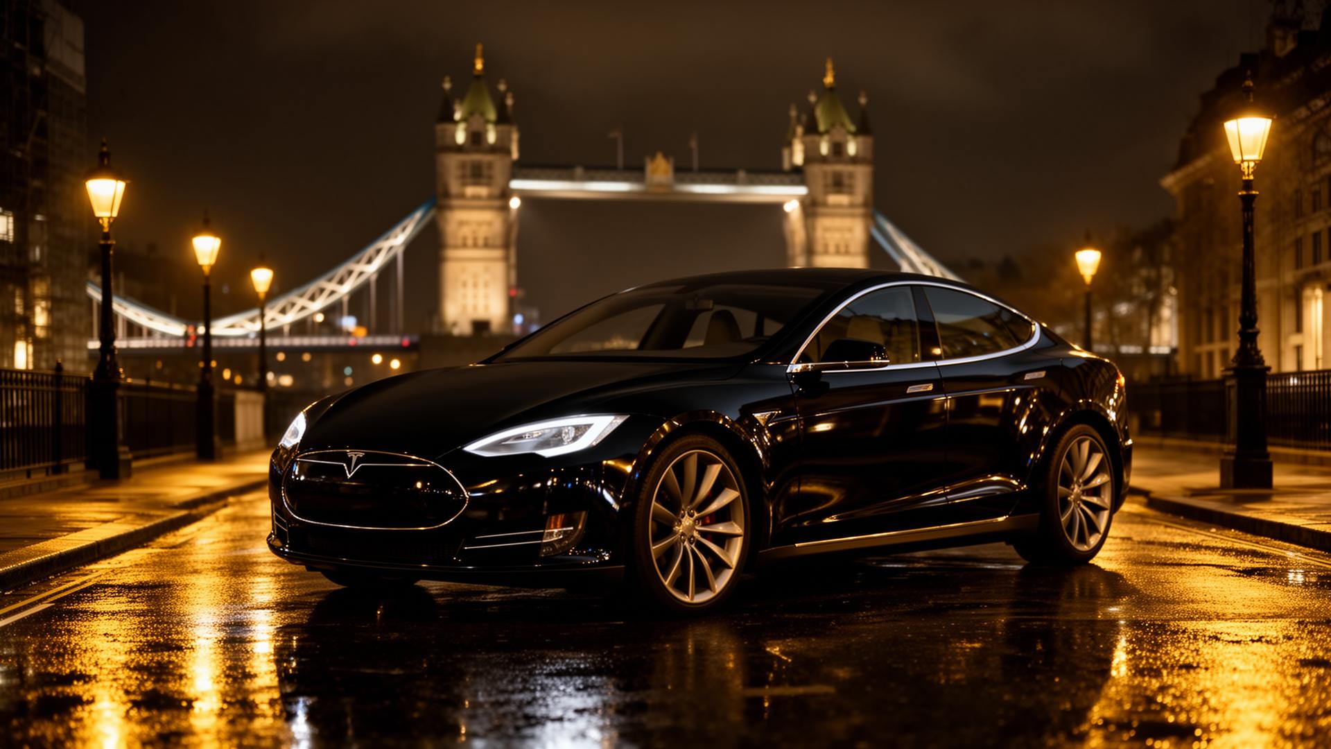 Premium black vehicle on a London street at night